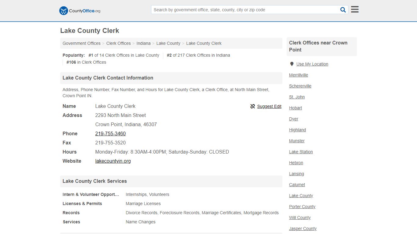 Lake County Clerk - Crown Point, IN (Address, Phone ... - County Office